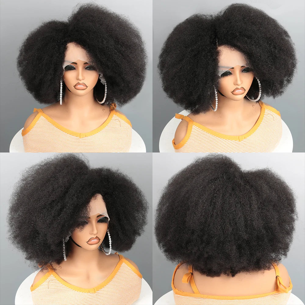 Afro Kinky Curly Lace Front Wig Natural Color Afro Bob Human Hair Natural Hairline 13X4X2 250% Density Short Human Hair Wigs