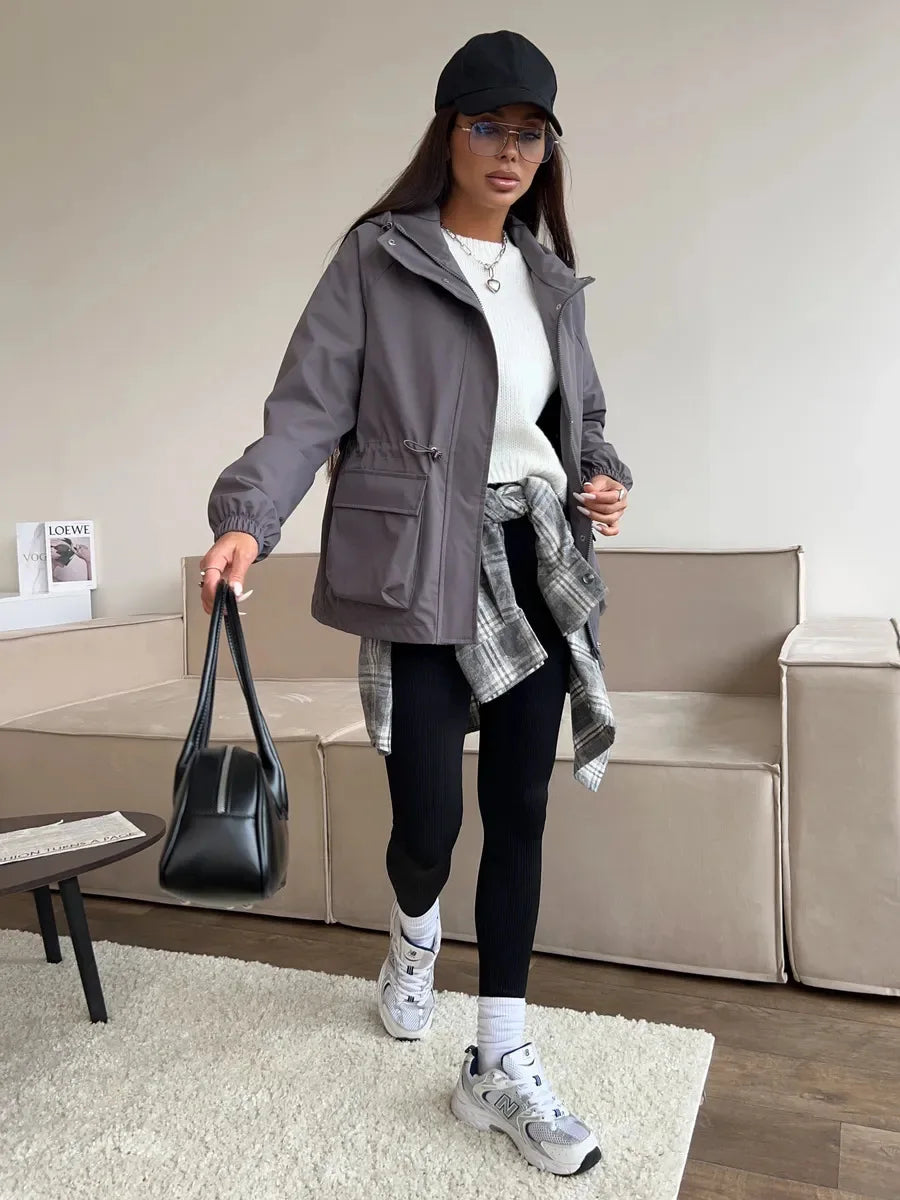 Hooded Hardshell Jacket With Pockets And Zipper for Women