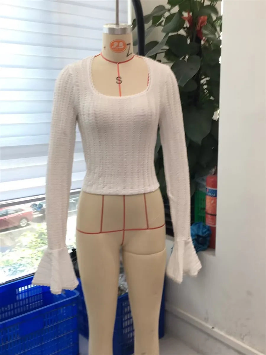 Women's Solid Color T-Shirts Autumn Textured Picot Trim Scoop Neck Long Bell Sleeves Slim Fit Crop Tops Female Casual Pullovers