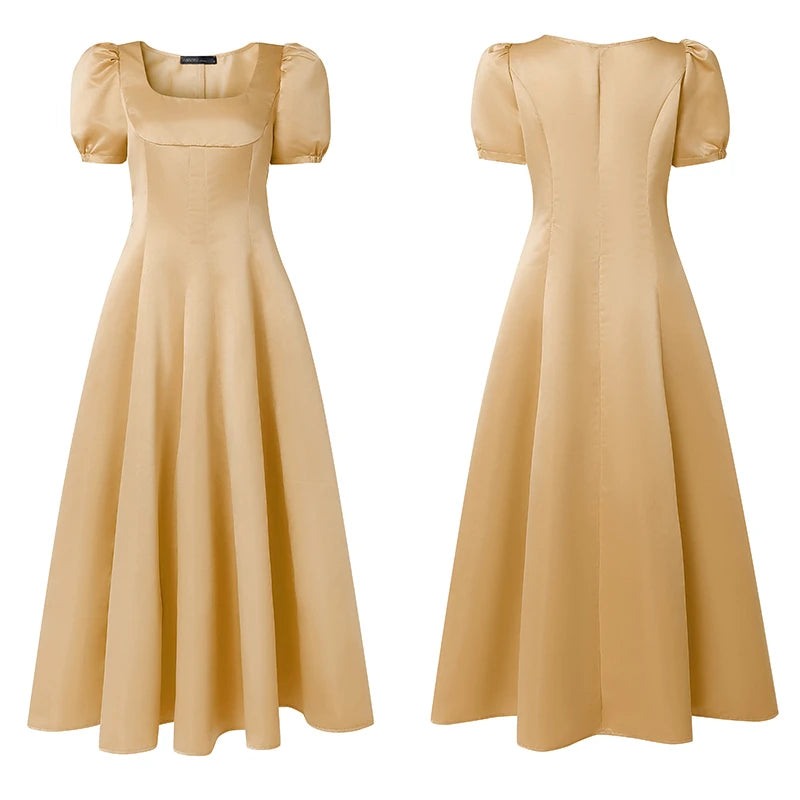 Square Neck Satin Puff Sleeve Maxi Dress