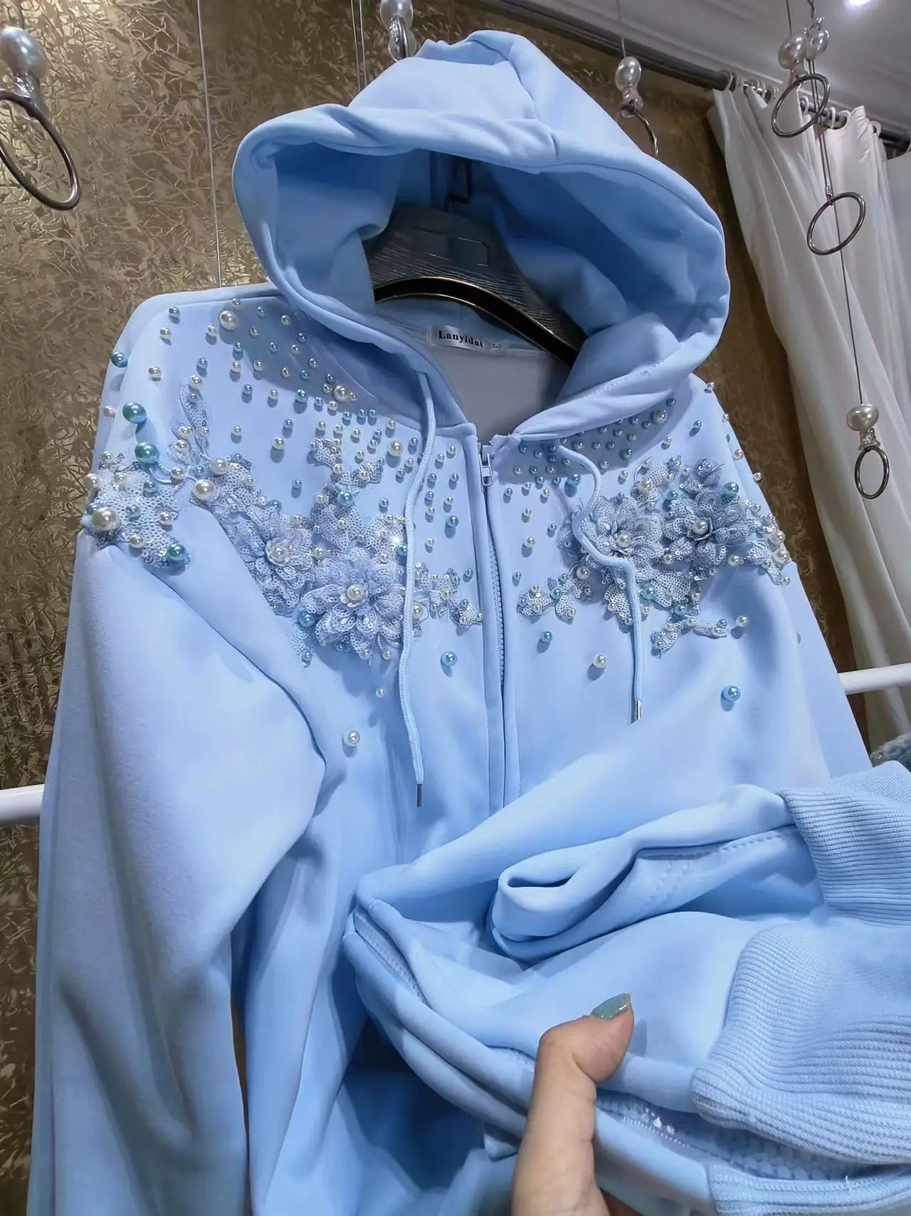 Beaded Sequined Stitch Hoodie Women Cotton Sweatshirts Long Sleeve Outerwears Female Zipper Cardigan Coat 2025 Woman Clothing