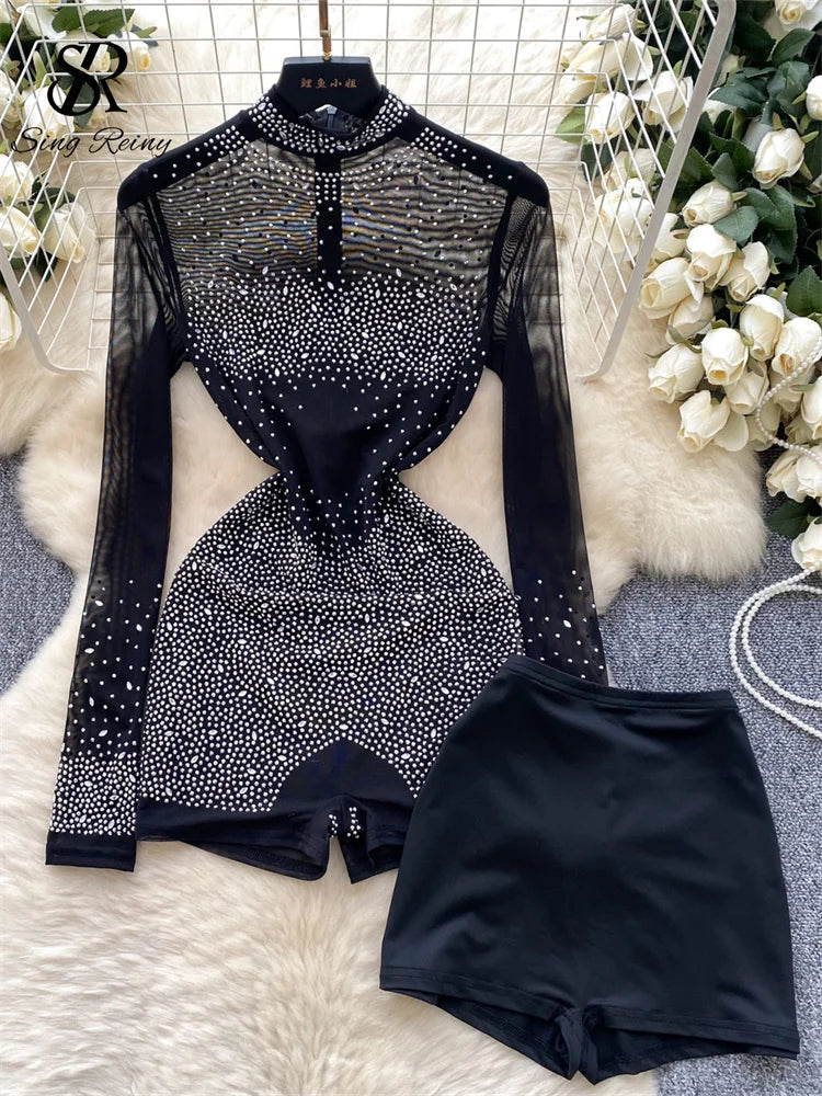 Sheer Long Sleeve Zipper Mesh Romper With Shorts for Women