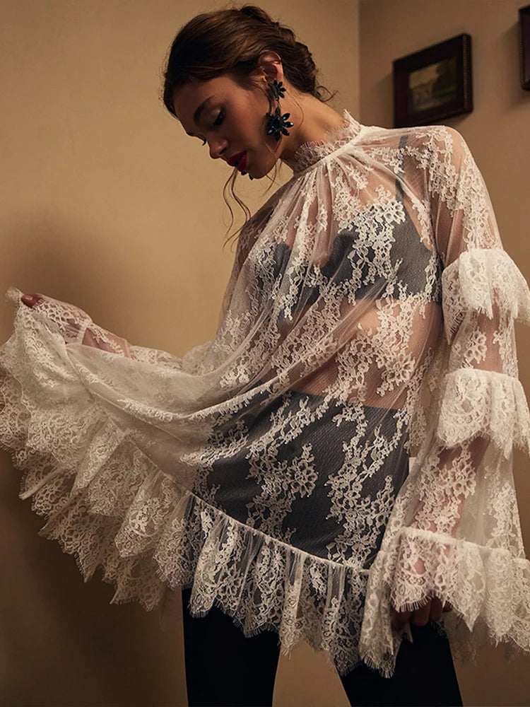 Lace See Through High Neck Long Sleeves A Line Mini Dress for Women