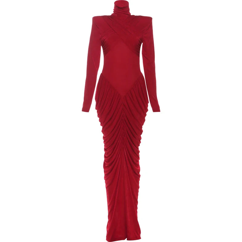 Elegant Ruched Backless Turtleneck Maxi Dress for Women