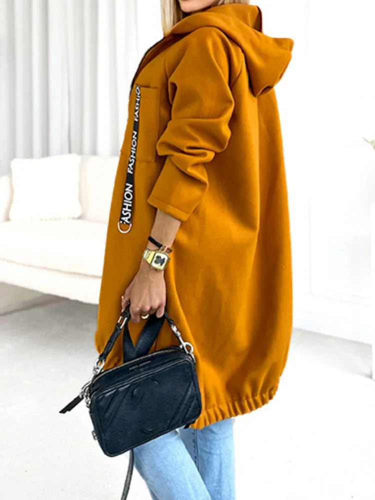 Autumn Winter Pockets Spliced Zipper Coat New Thick Warm Solid Color Women's Jacket Hooded Sports Long Sleeved Lady Outerwear