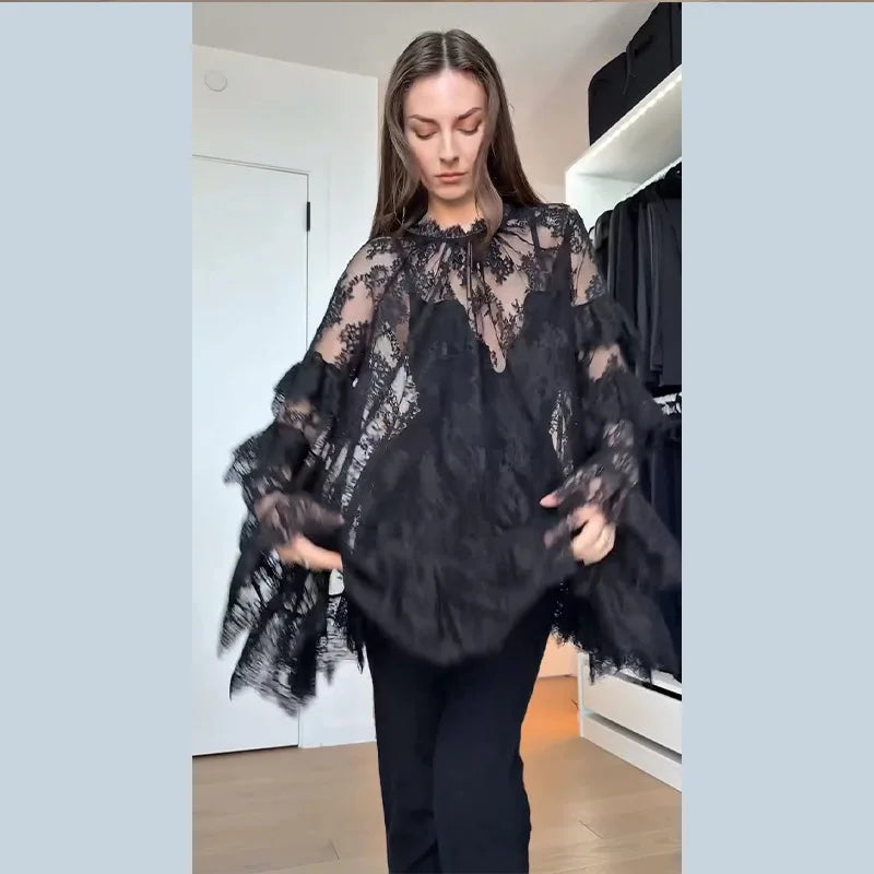 Lace See Through High Neck Long Sleeves A Line Mini Dress for Women