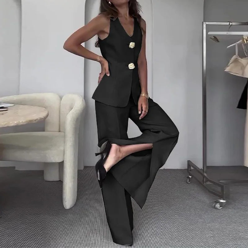 Women Summer Cardigan Top Chic Outfit, Solid Patchwork Wide Leg Pants Matching Sets, Sleeveless V Neck Ladies Suits Streetwear