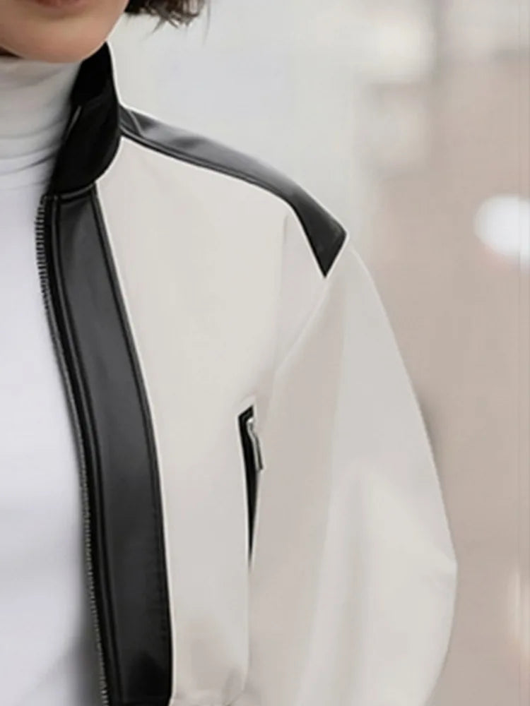 Women's Fashion Faux Leather Contrast Color Stand Collar Zipper Jackets Puff Sleeves Loose Fit Casual Trendy Cropped Outerwears