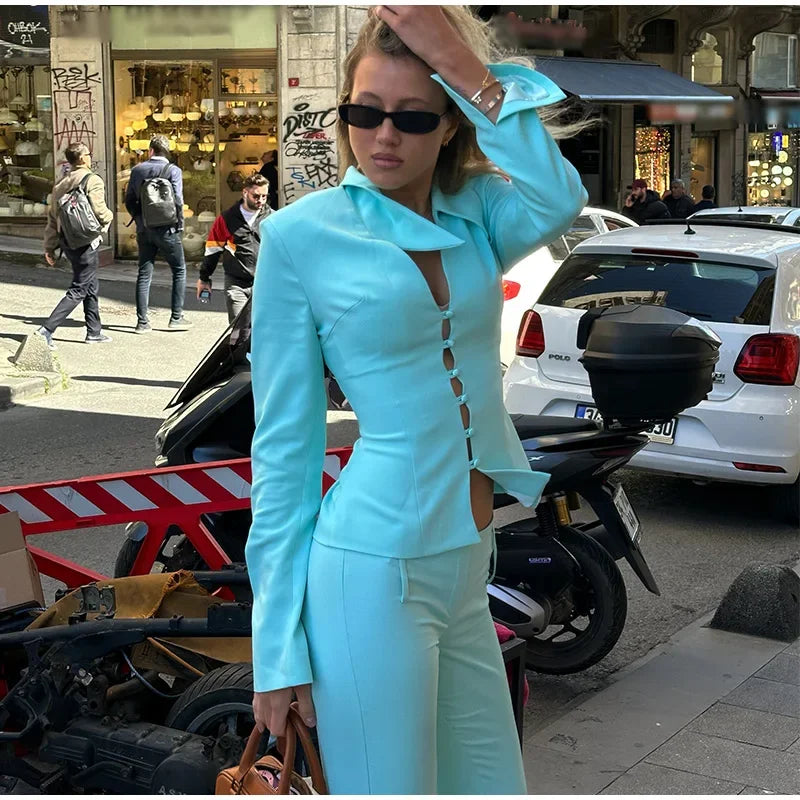 Turn-Down Collar Tailored Blazer Skirt Set for Women