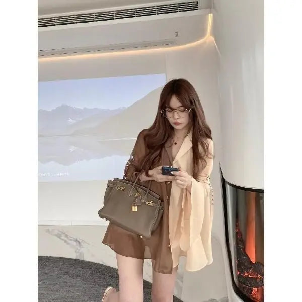 Vintage Contrast V-Neck Chiffon Blouse With Flared Sleeves for Women