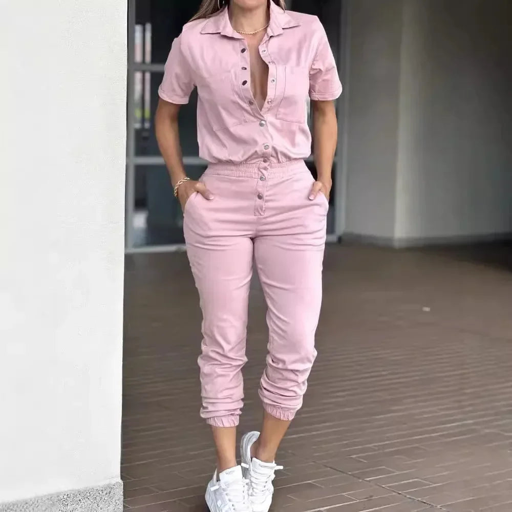 Women's Jumpsuit Summer 2025 Fashion Ankle Tied with A Lapel Pocket and Elastic Buttons At The Waist Short Sleeved Bodysuit Pant
