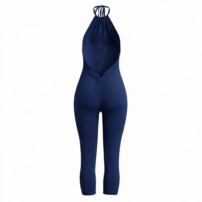 Backless Ruched Halter Neck Capri Jumpsuit for Women