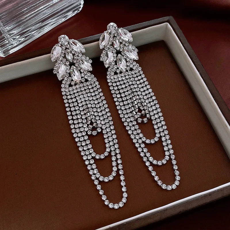 Long Rhinestone Leaf Tassel Drop Earrings for Women