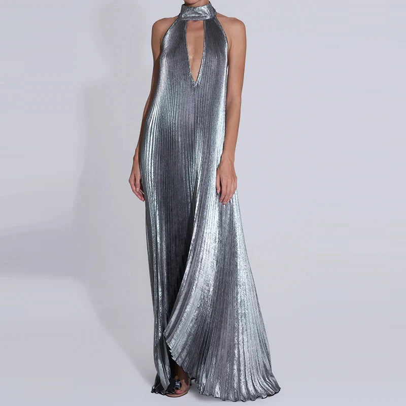Metallic Halter Hollow Out Pleated Maxi Dress for Women