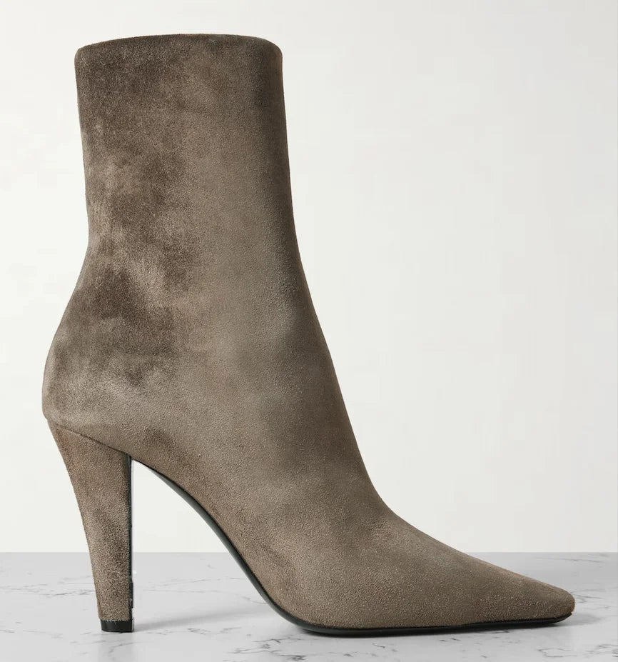Pointy Toe Grey Suede Zippered Ankle Boots for Women
