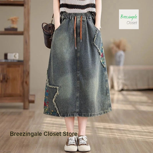 American Embroidered National Style Loose Denim Skirt Women's Spring and Summer New Fashion Temperament with Wild Skirt.