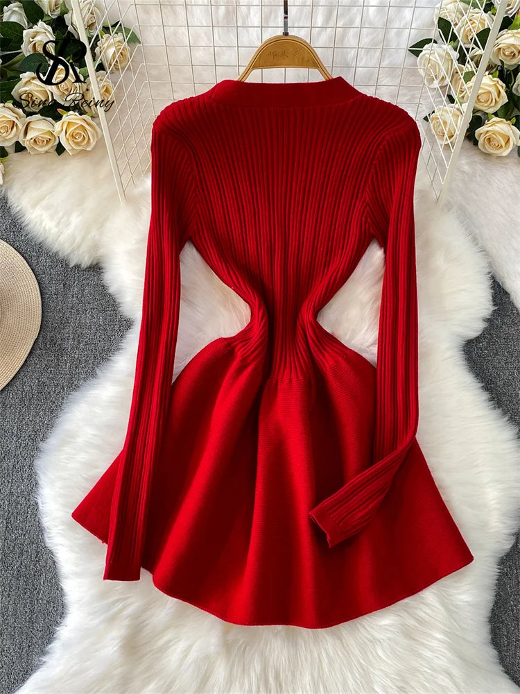 V Neck Knit A Line Long Sleeve Mini Dress for Women