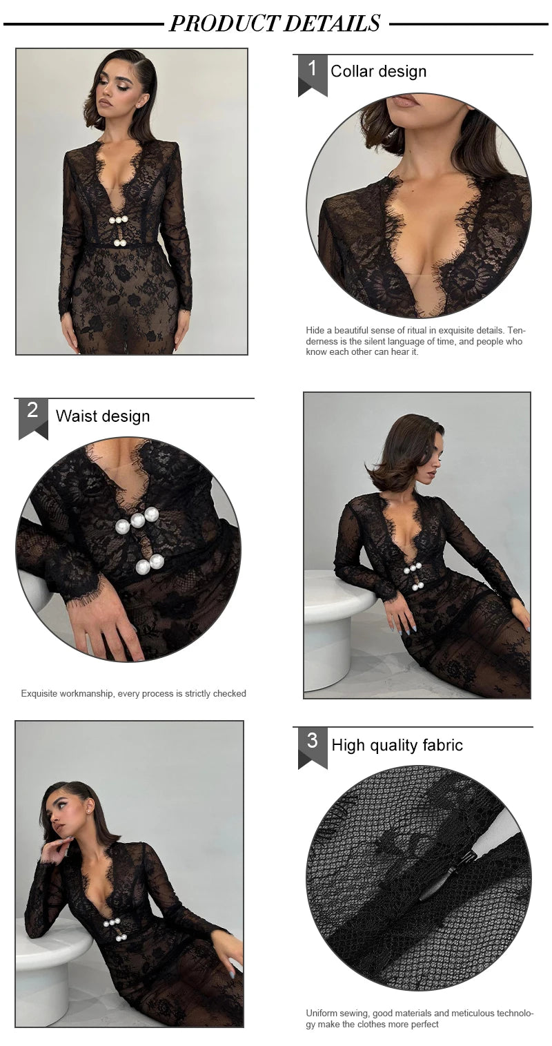 V Neck Long Sleeve Lace Black Evening Maxi Dress for Women