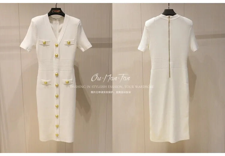 2026 Summer Fashion V-neck Metallic Buckle Knit Bodycon Midi Dress Women's Commute Slim Fit Elegant Short Sleeve Dresses