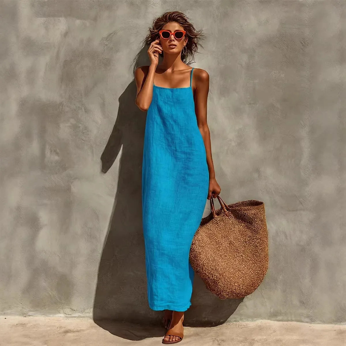 New Solid Color Square Neck Spaghetti Strap Linen Maxi Dress for Women
