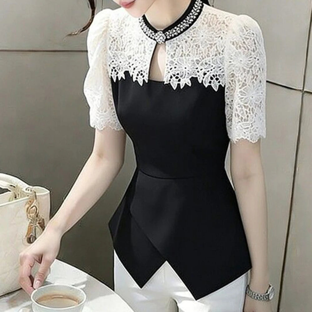 Chic Black Lace Spliced Short Sleeve Summer Shirt For Women