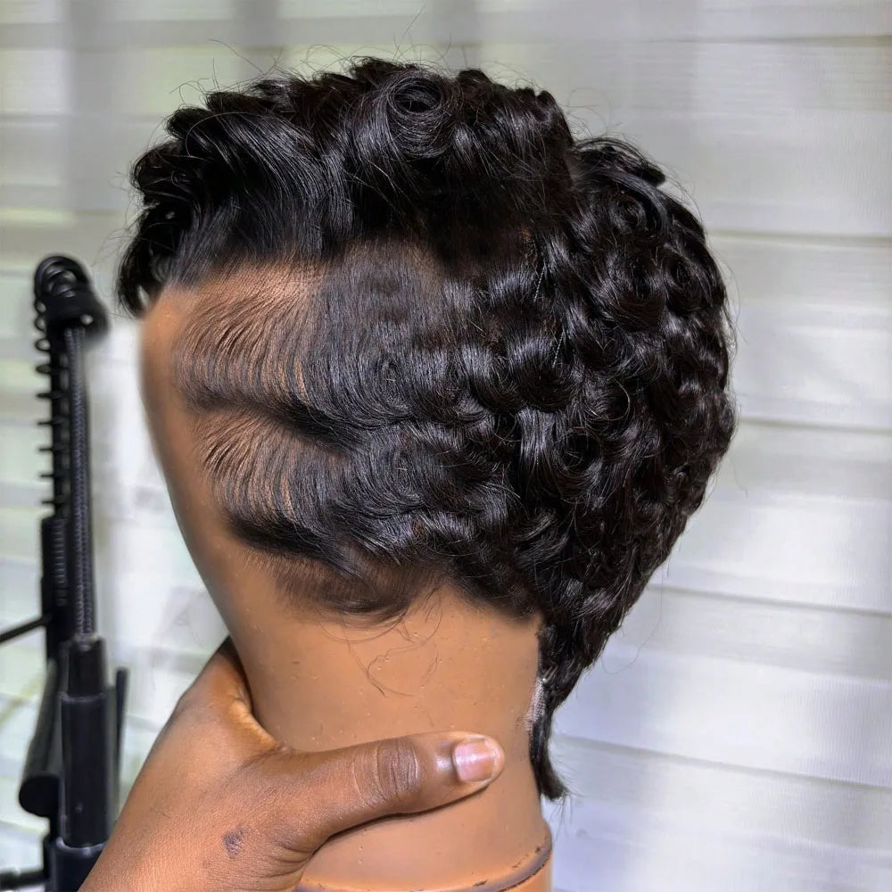 Short Pixie Cut Layered Curly Human Hair Wig for Women