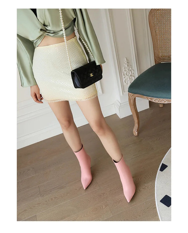 Elegant Plus Size Leather Pointed Toe High Heel Ankle Boots for Women