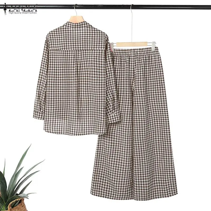 Gingham Blouse And Wide Leg Pants Set