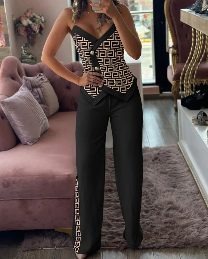 V-Neck Metal Suspender Top Two-Piece Set for Women