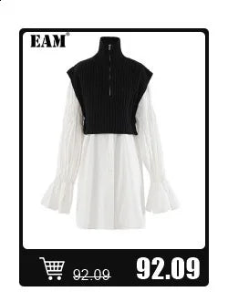[EAM] Women Black Drawstring Big Size Casual T-shirt New Round Neck Short Batwing Sleeve Fashion Tide Spring Summer 2025 1DJ1031