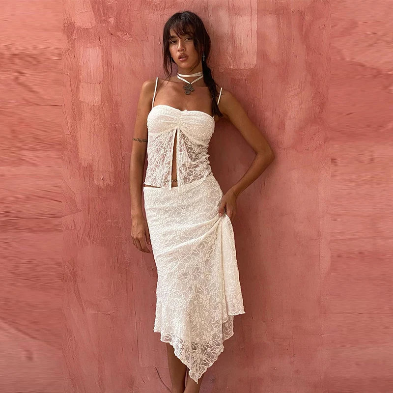 Elegant Chic Two Piece Lace Top and Skirt Set for Women
