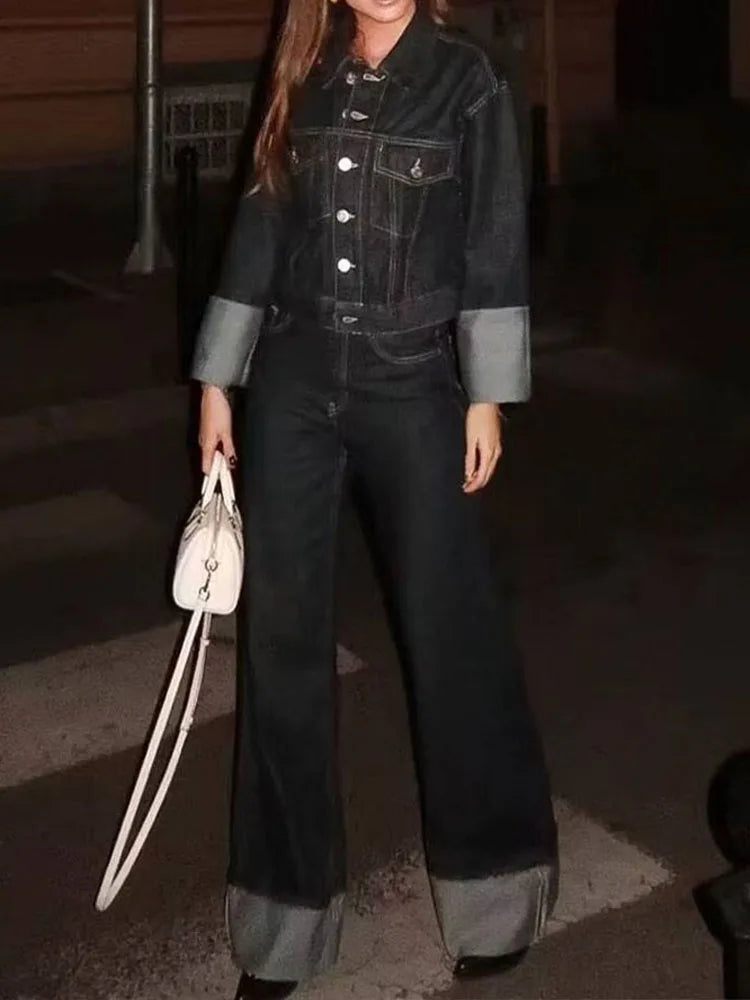 Retro Spliced Street Denim Two Piece Set for Women