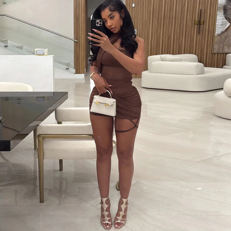 Sheer Cross Bandage Backless Halter Mini Dress for Women