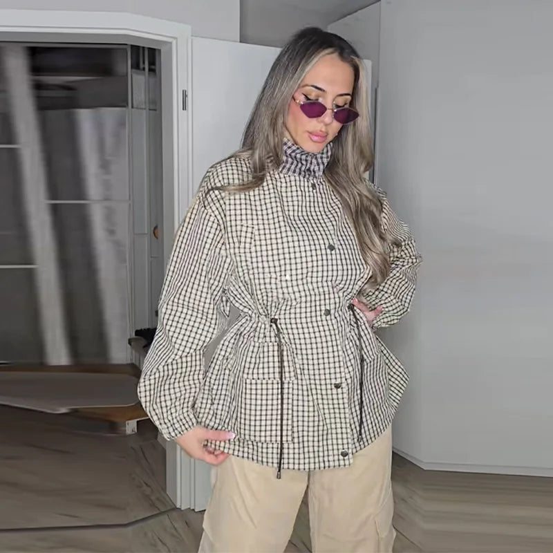 Grid Pattern Stand Collar Long Sleeve Coat for Women