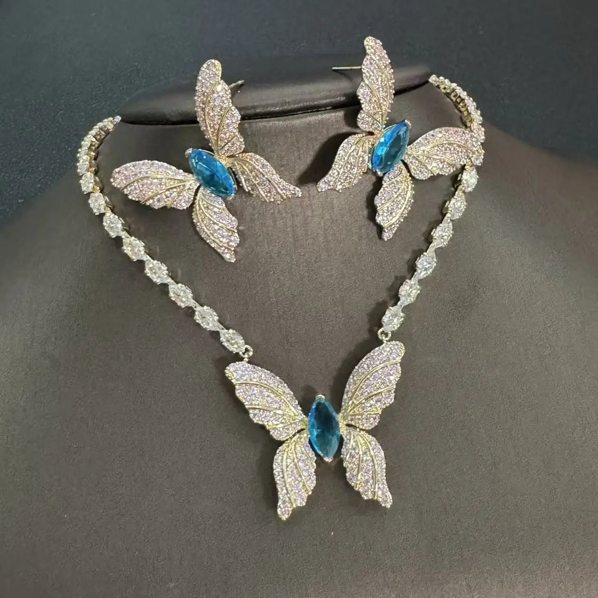 Trendy Zircon Butterfly Earrings and Necklace Set for Women