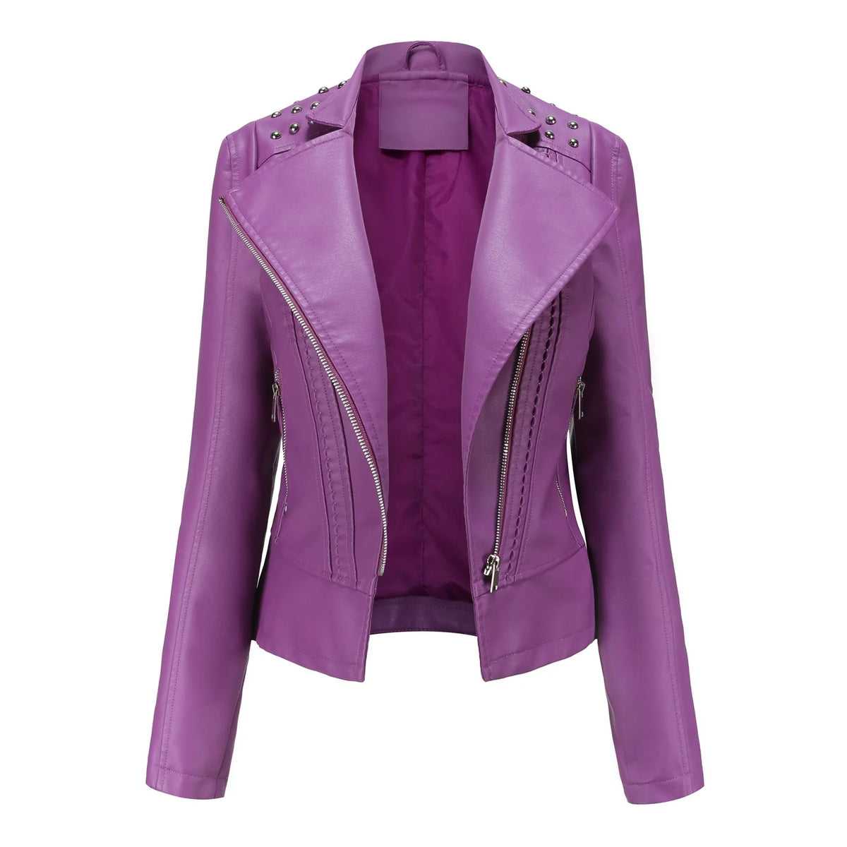 Embroidered Faux Leather Motorcycle Jacket for Women