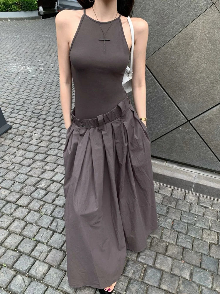 Gray High Waist Button Placket Midi Dress For Women