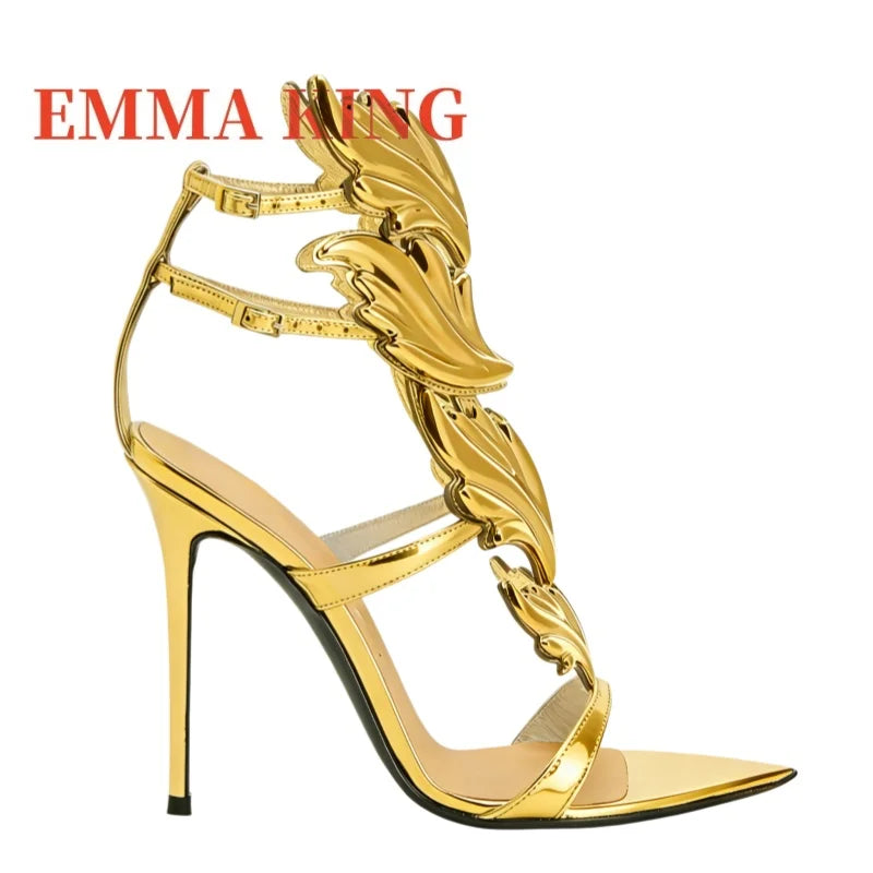 Metallic Winged Ankle Strap High Heel Sandals for Women