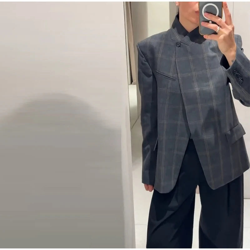 Plaid Women 's Blazers Elegant Laple One Button Thicken Full Sleeve Pockets Coats Female 2026 New Fashion Woman Coats Outwears