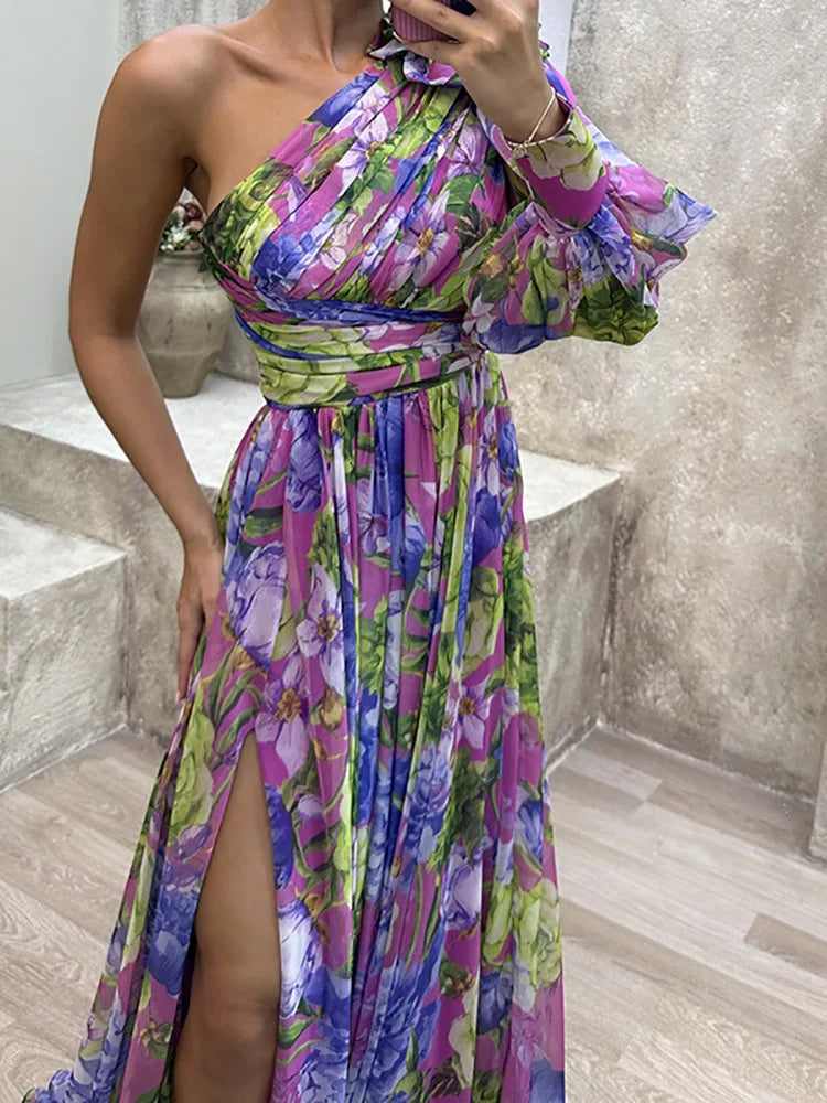 Women Loungewear One Off Shoulder Holiday Dress, Skew Collar Fashion Long Sleeve Party Dress, Patchwork Print Ladies Maxi Dress