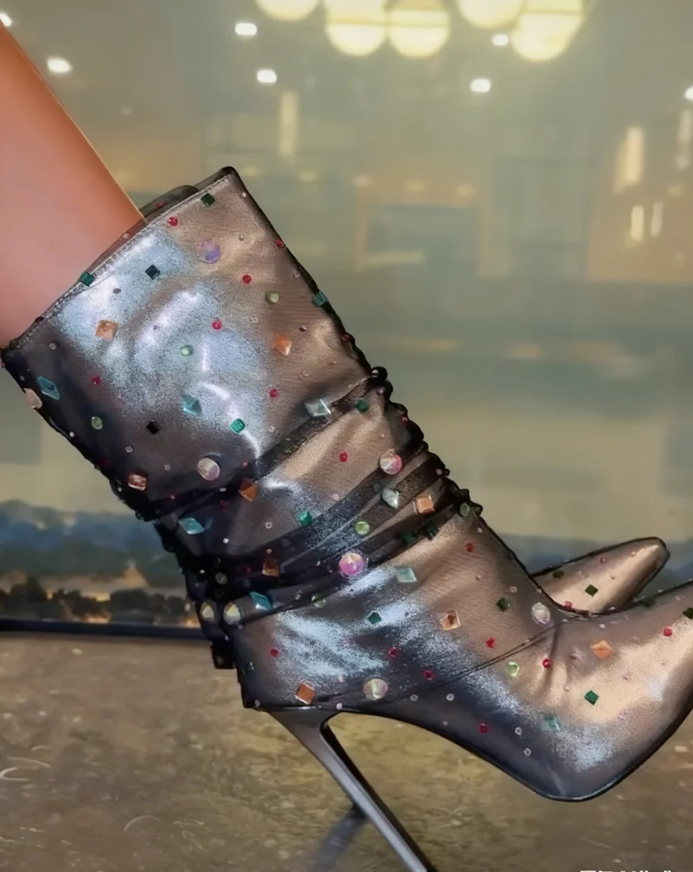 Purple Crystal Pointed Ankle Boots