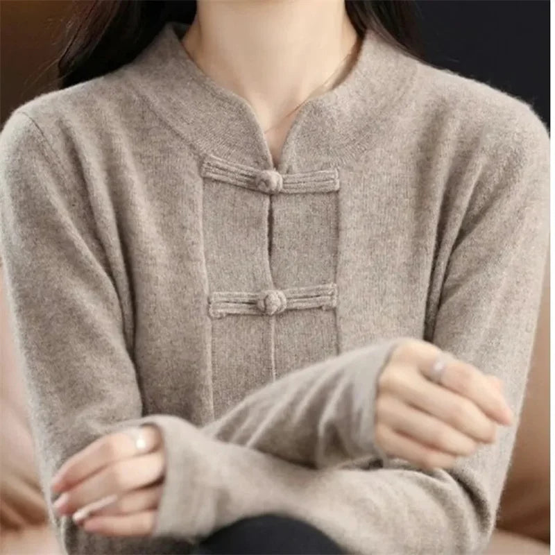 Vintage Knitted Cardigan Women's Thickened Half High Collar frog Loose Slim Sweater Coat Chinese Style Top Autumn And Winter N