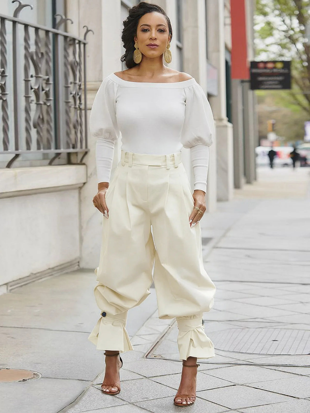 Ruched Stretch Wide Leg Casual Work Trousers for Women