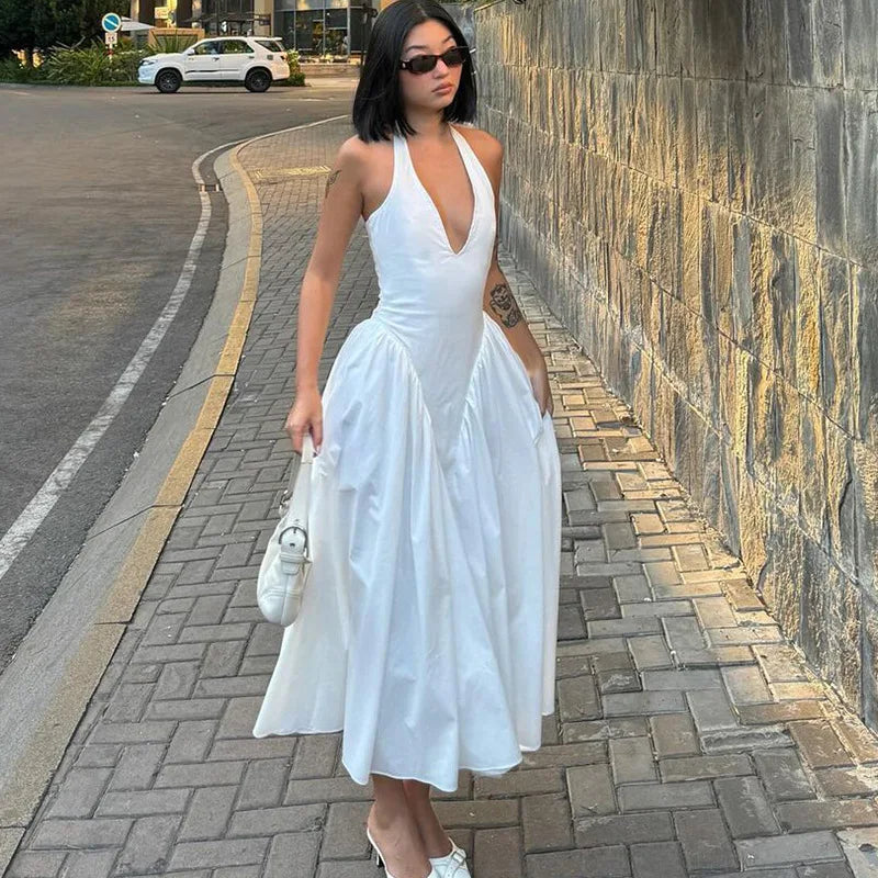 Elegant Halter V Neck Backless Maxi Dress For Women