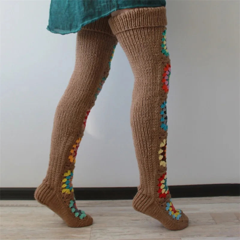 Extra Long Ethnic Crochet Knit Over Knee Socks for Women