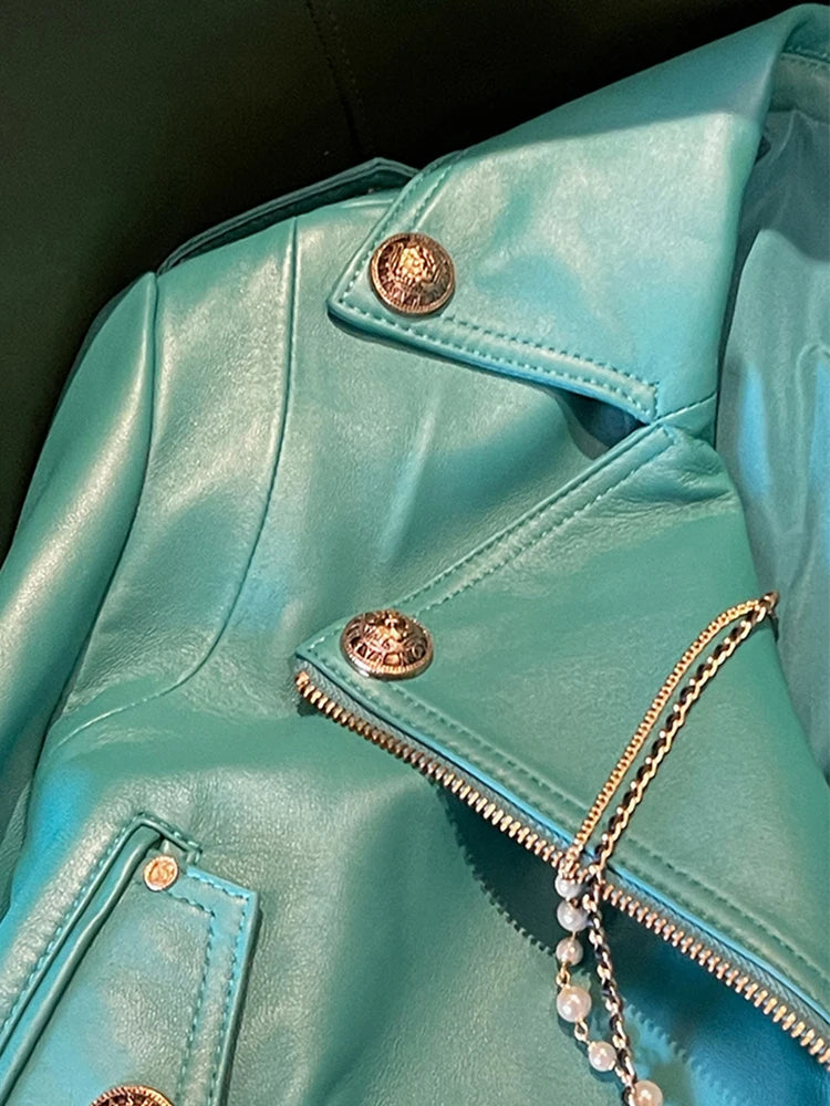 Bright Green Faux Leather Biker Jacket With Adjustable Waist For Women