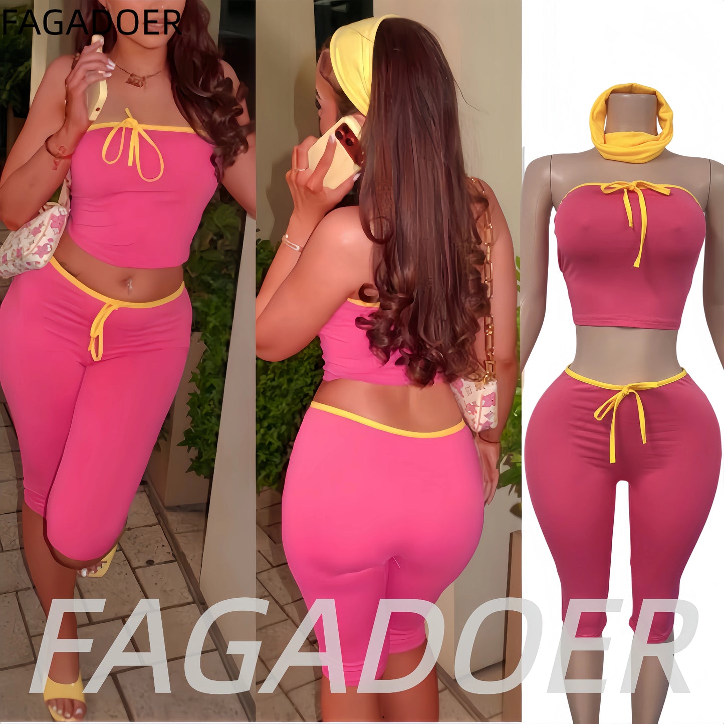 Rose Red Patchwork Lace-Up Two Piece Set for Women