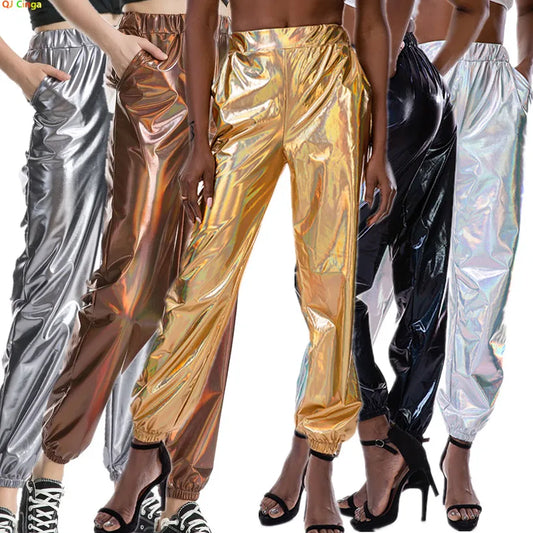 Shiny Glittery Street Hip-hop Party Sparkly Long Pants Loose Casual Sports Trousers Green Gold Silver Black Optional for Women