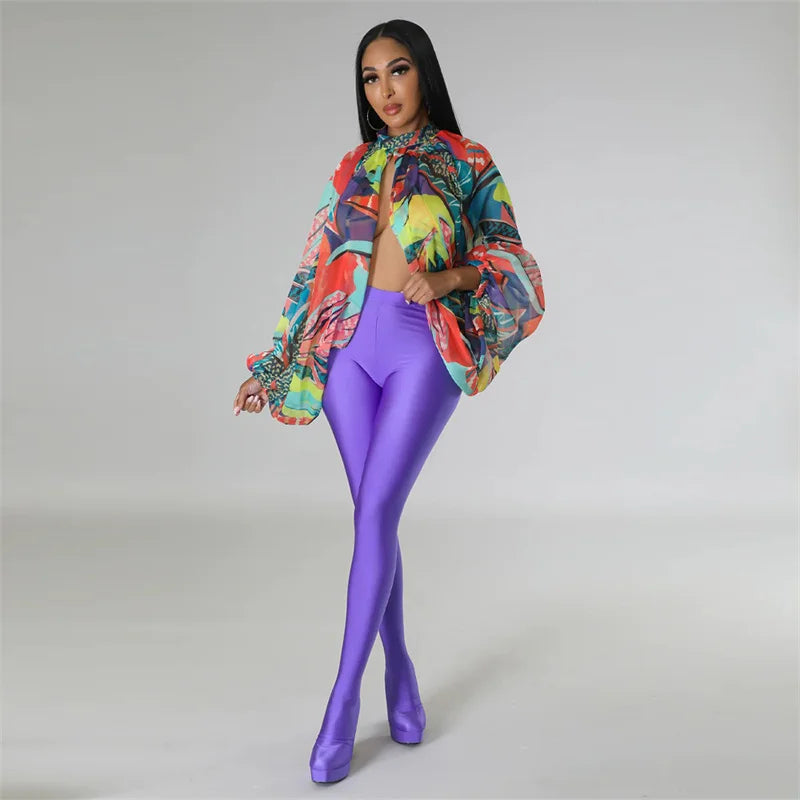 Printed Batwing Sleeve Chiffon Blouse With Sheer Front for Women