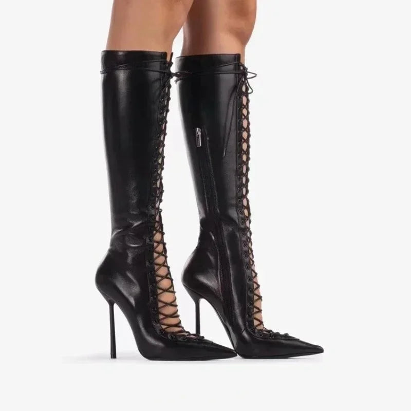 Lace Up Knee High Heeled Boots With Side Zipper for Women